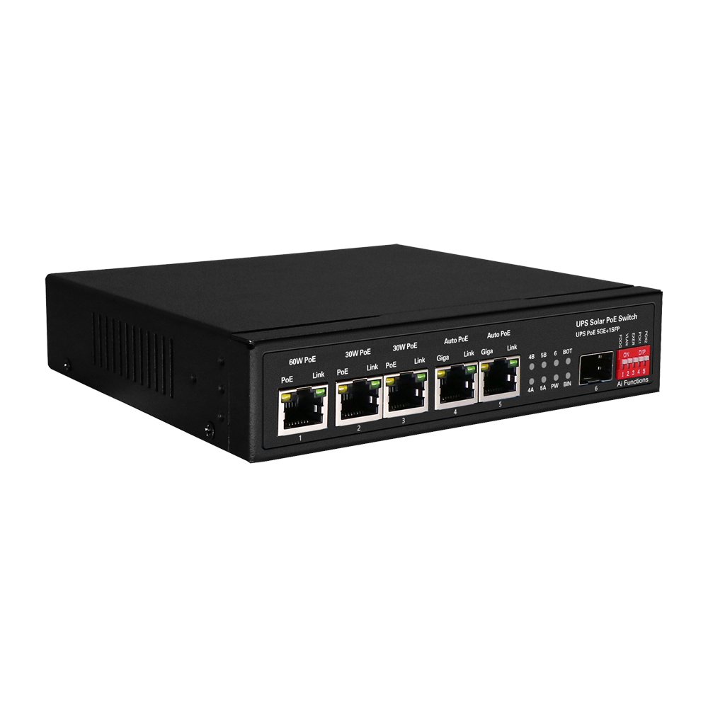 Switch PoE - 5 puertos PoE + 1 SFP - Velocidad de puertos 10/100/1000 Mbps - 1xHi-PoE (60W) + 2xPoE+ (30W) + 2x24/48V (25W) - Hasta 65W de Potencia PoE total - Soporta baterías de 12V/24V y paneles de 400W