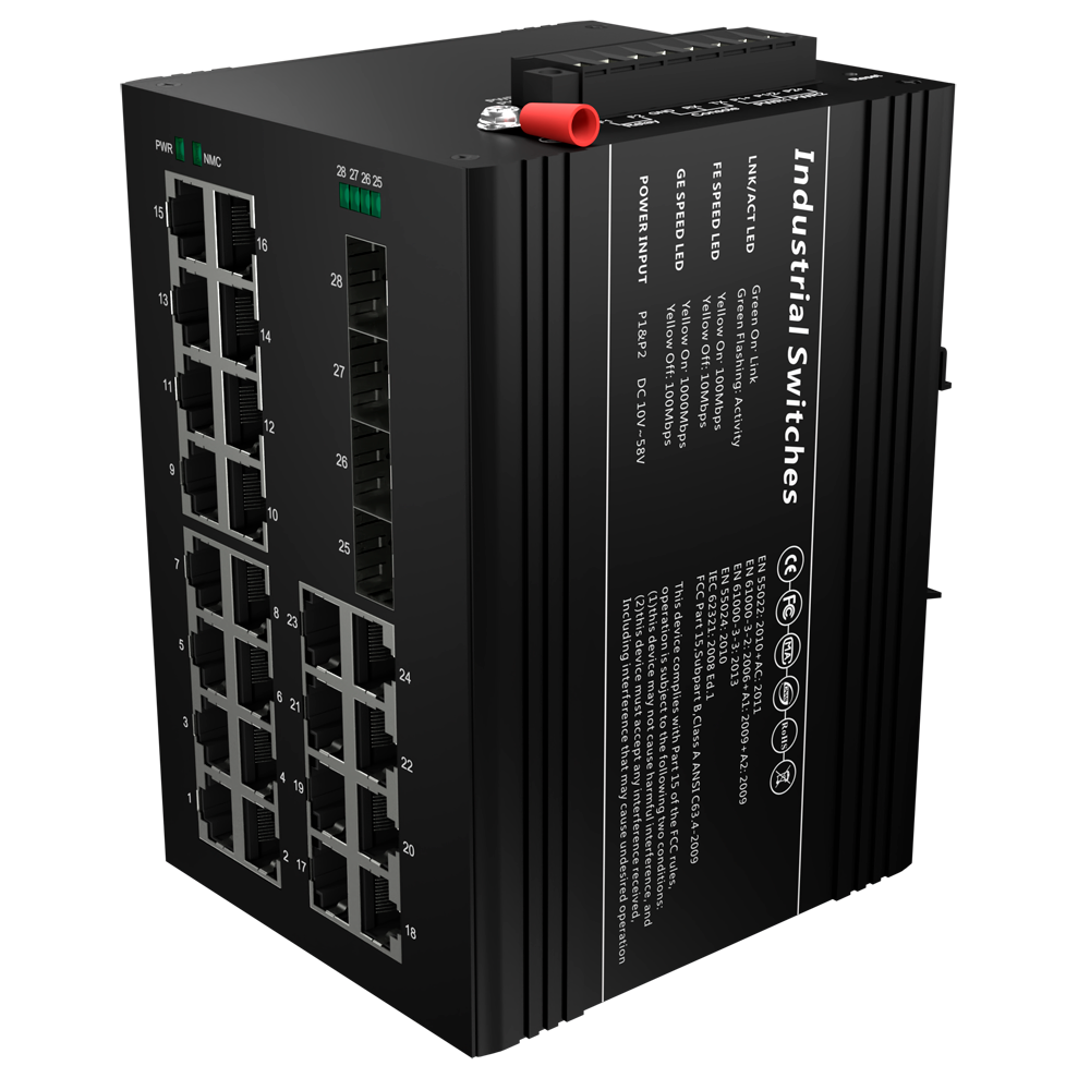 Switch PoE White Label - Montaggio su guida DIN - 24 Porte Gigabit + 4 SFP Gigabit - 90W porte 1-2 23-24/30W porte 3-22 /Max 360W - IEEE802.3af/at/bt | PoE/PoE+/Hi-PoE - VLAN/STP/RSTP/MSTP/ERPS/SNMP/ACL - Static LAG/IGMP Snooping/DHCP Snoop/802.1x