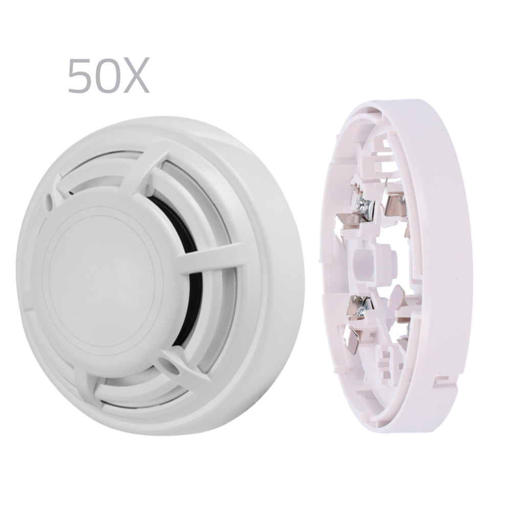 Kit 50 detectores térmicos y bases DMTech - Detector convencional termovelicimétrico - Certificado EN54 part 5 - Doble LED de alarma para su visualización desde cualquier lugar - Fabricado en material ABS con resistencia al calor - Base de perfil bajo