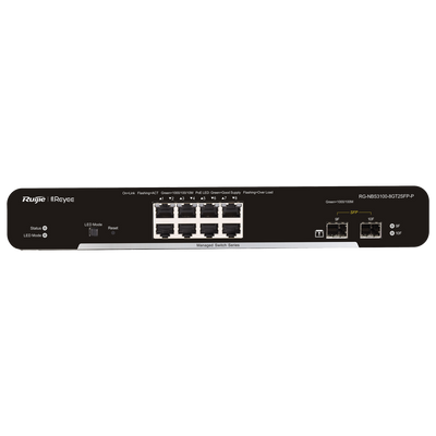 Conmutador PoE Reyee Cloud Layer 2 - 8 puertos PoE+ Gigabit+ 2 SFP Gigabit - 30W por puerto 802.3af/at / Máximo 125W - LAG estático/DHCP Snooping/IGMP Snooping/Duplicación de puertos - VLAN/Aislamiento de puertos/STP/RSTP/ACL/QoS - Montaje en bastidor