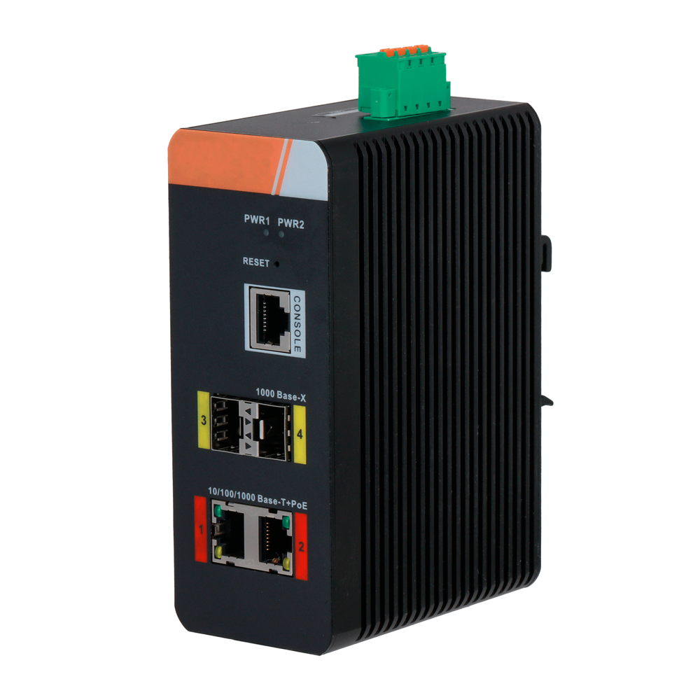 Switch PoE X-Security Carril DIN - 2 puertos PoE RJ45 + 2 SFP - Velocidad 10/100/1000 Mbps - 90W puertos 1-2 / Potencia Total Máxima 120W - PoE / PoE+ / Hi-PoE / Hasta 250m / PoE Watchdog - VLAN/STP/RSTP/ERPS/LACP/StaticLAG/IGMP Snooping