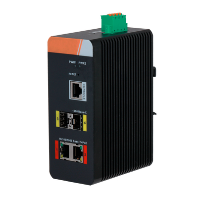 Switch PoE X-Security Carril DIN - 2 puertos PoE RJ45 + 2 SFP - Velocidad 10/100/1000 Mbps - 90W puertos 1-2 / Potencia Total Máxima 120W - PoE / PoE+ / Hi-PoE / Hasta 250m / PoE Watchdog - VLAN/STP/RSTP/ERPS/LACP/StaticLAG/IGMP Snooping