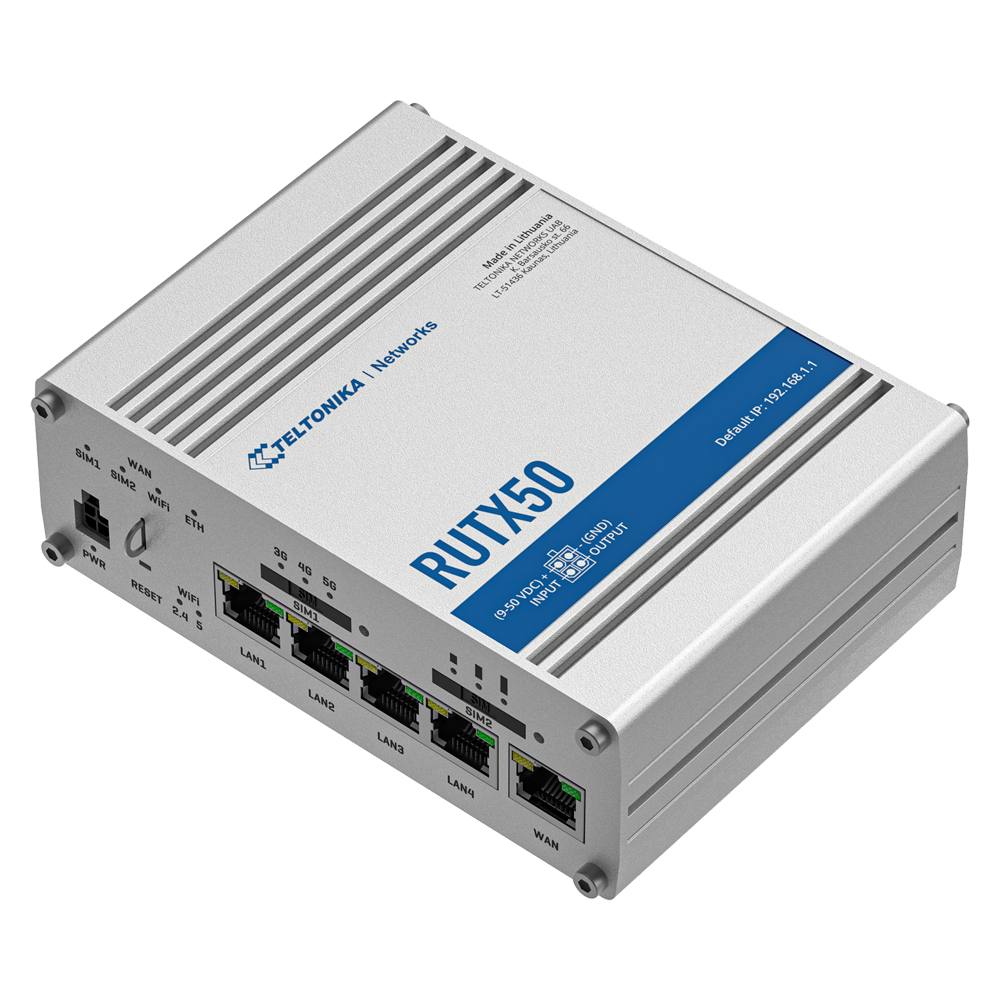 Teltonika Router 5G Industrial - 5G Sub-6Ghz SA/NSA 2.1/3.3Gbps DL 900/600 Mbps U - Doble Módem Dual SIM - Wi-Fi 5 - Posicionamiento GNSS - 5 puertos Ethernet RJ45 Gigabit