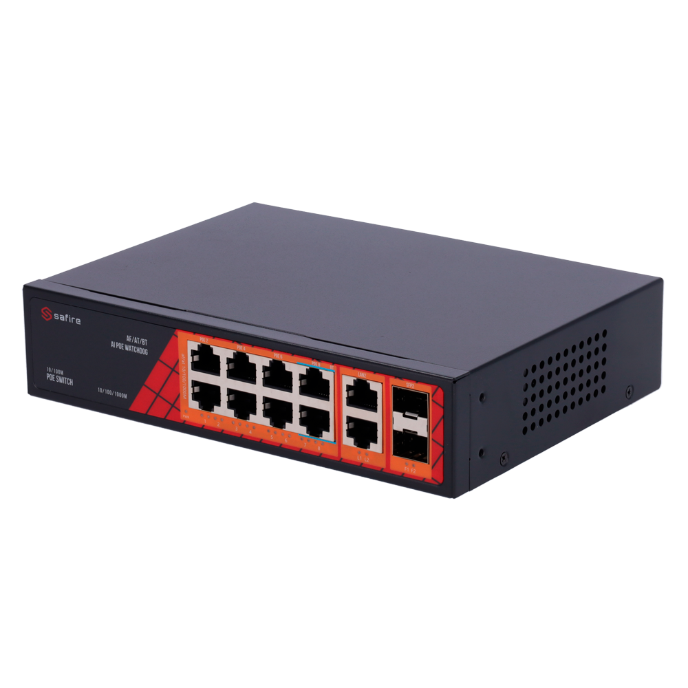 Safire Switch Hi-PoE - 8 puertos PoE + 2 SFP + 2 RJ45 - Velocidad de puertos Gigabit 10/100/1000Mbps - 6 Puertos PoE+ 30W + 2 Puertos Hi-PoE 60W - PoE Watchdog - Hasta 120W Potencia PoE total