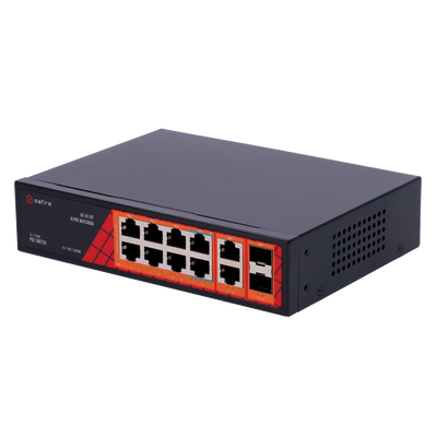 Safire Switch Hi-PoE - 8 puertos PoE + 2 SFP + 2 RJ45 - Velocidad de puertos Gigabit 10/100/1000Mbps - 6 Puertos PoE+ 30W + 2 Puertos Hi-PoE 60W - PoE Watchdog - Hasta 120W Potencia PoE total