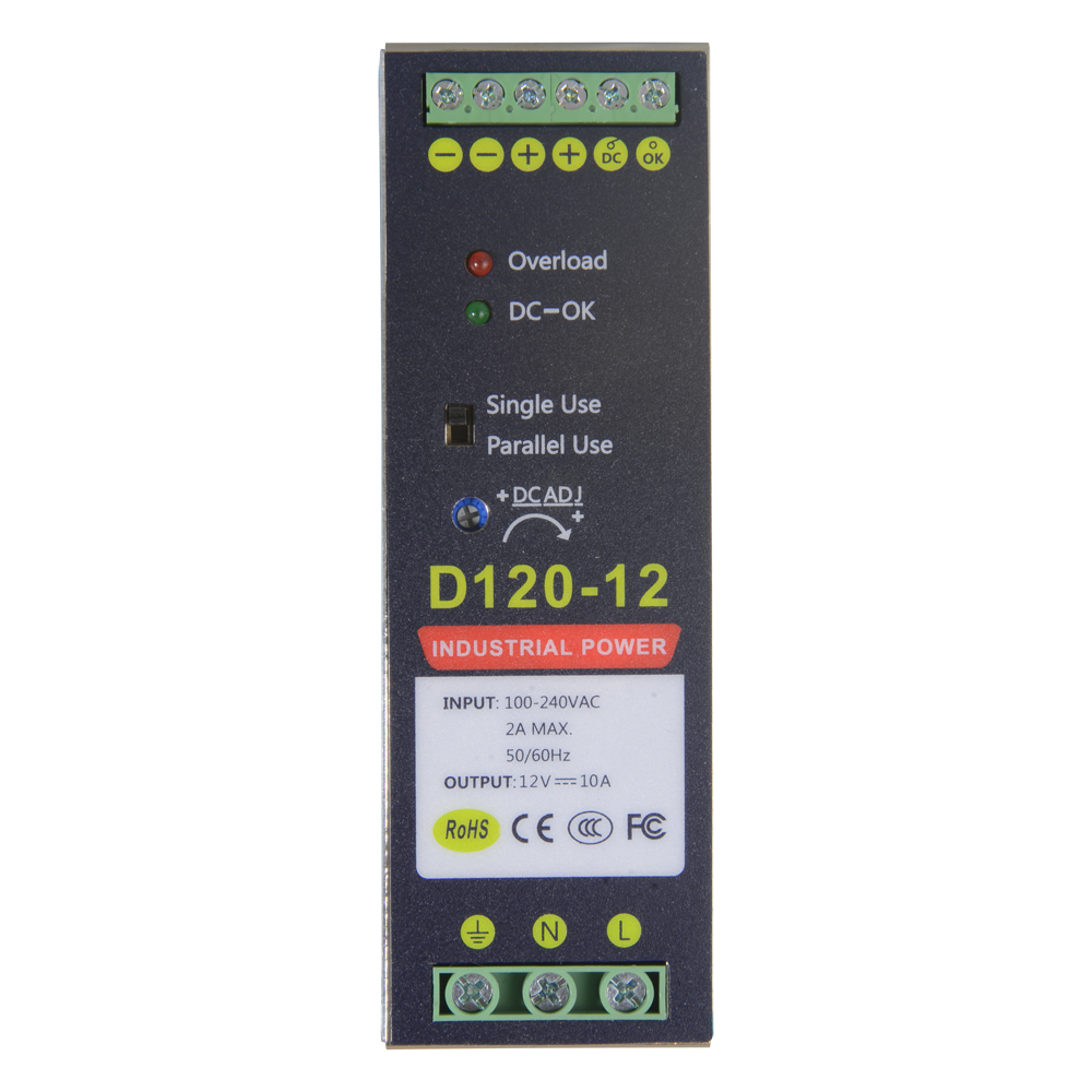 Fonte di alimentazione commutata - uscita DC 12 V 10 A / 120 W - 2 uscite - Voltaggio in entrata 90 V ~ 264 V - 135 (Fo) x 121 (Al) x 40 (An) mm - Montaggio su guida DIN