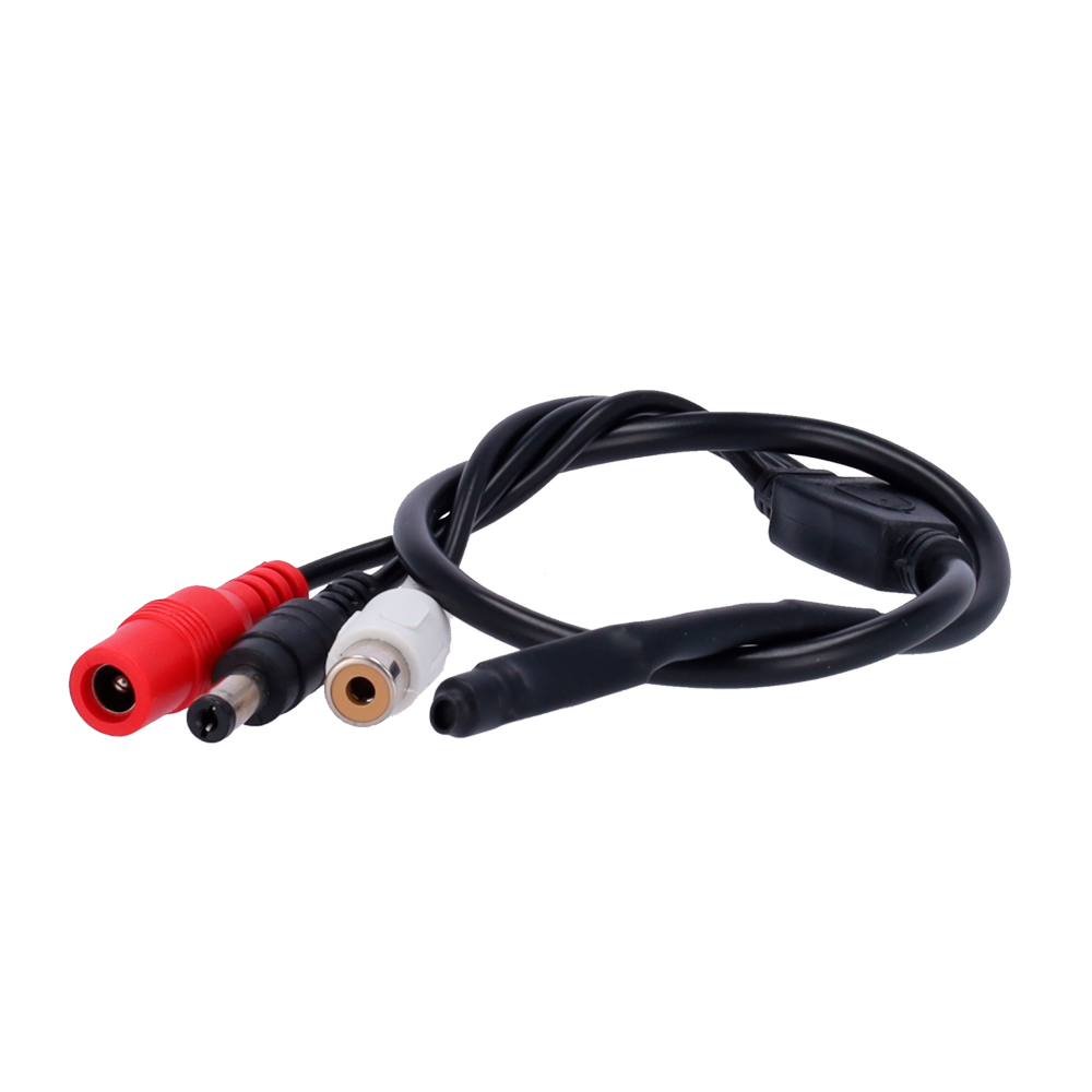 Microfono esterno - Accoppiabile a qualsiasi telecamera - Connettore Audio RCA (Bianco) - Connettore Alimentazione entrata/uscita - Alimentazione DC6V~12V - Lungo: 420 mm