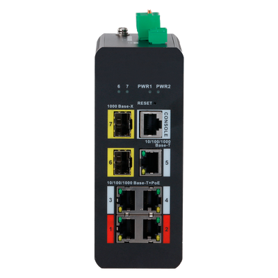 Switch PoE X-Security Carril DIN - 4 puertos PoE RJ45 + 1 puerto RJ45 + 2 SFP - Velocidad 10/100/1000 Mbps - 90W puertos 1-2 / 30W puertos 3-4 / Máximo 120W - PoE/PoE+/Hi-PoE / Hasta 250m / PoE Watchdog - VLAN/STP/RSTP/ERPS/LACP/StaticLAG/IGMP Snooping