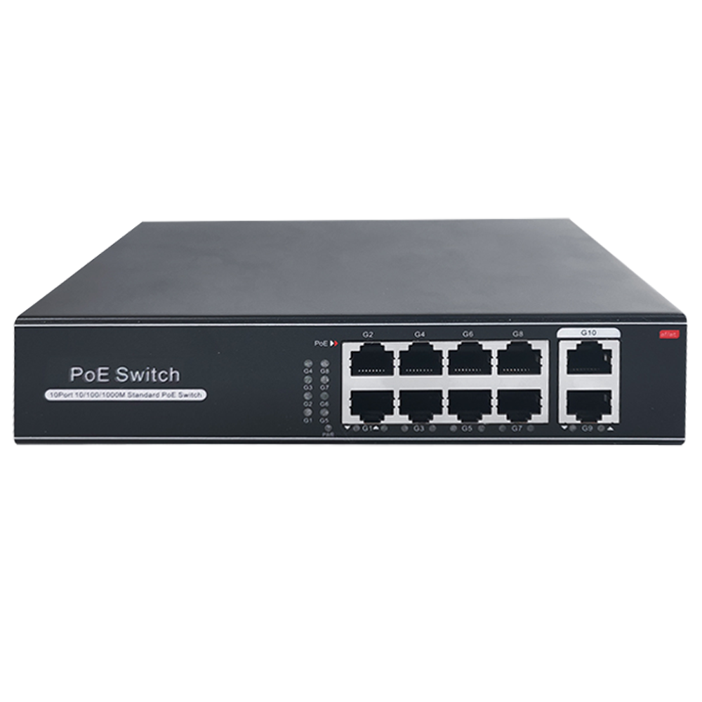 Switch PoE - 8 porte RJ45 + 2 RJ45 Uplink - Velocità della porta 10/100/1000 Mbps - 8 Porte PoE 802.3af/at fino a 30W per ogni porta - Potenza totale PoE 120W - Plug and Play