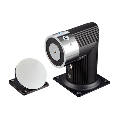 Retenedor electromagnético - Para puertas sencillas - Fuerza de retención 180 Kg - Pulsador de accionamiento manual - Alimentación 12/24V DC - Especial para montaje en suelo