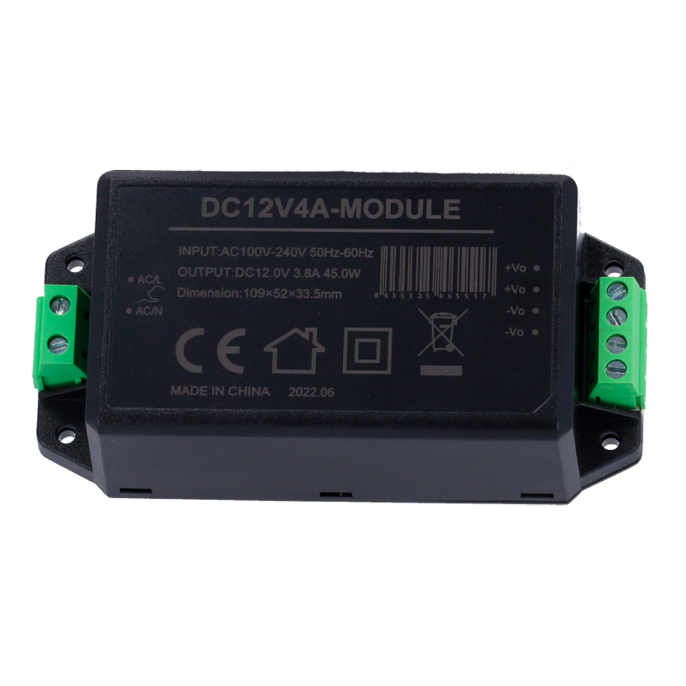 Adattatore di Alimentazione - Uscita DC 12 V 3.8 A - Ingresso AC100-240 V 50/60 HZ - 109 x 52 x 33.5 mm - Protezione: Sovraccarico/Sovratensione - Colore nero