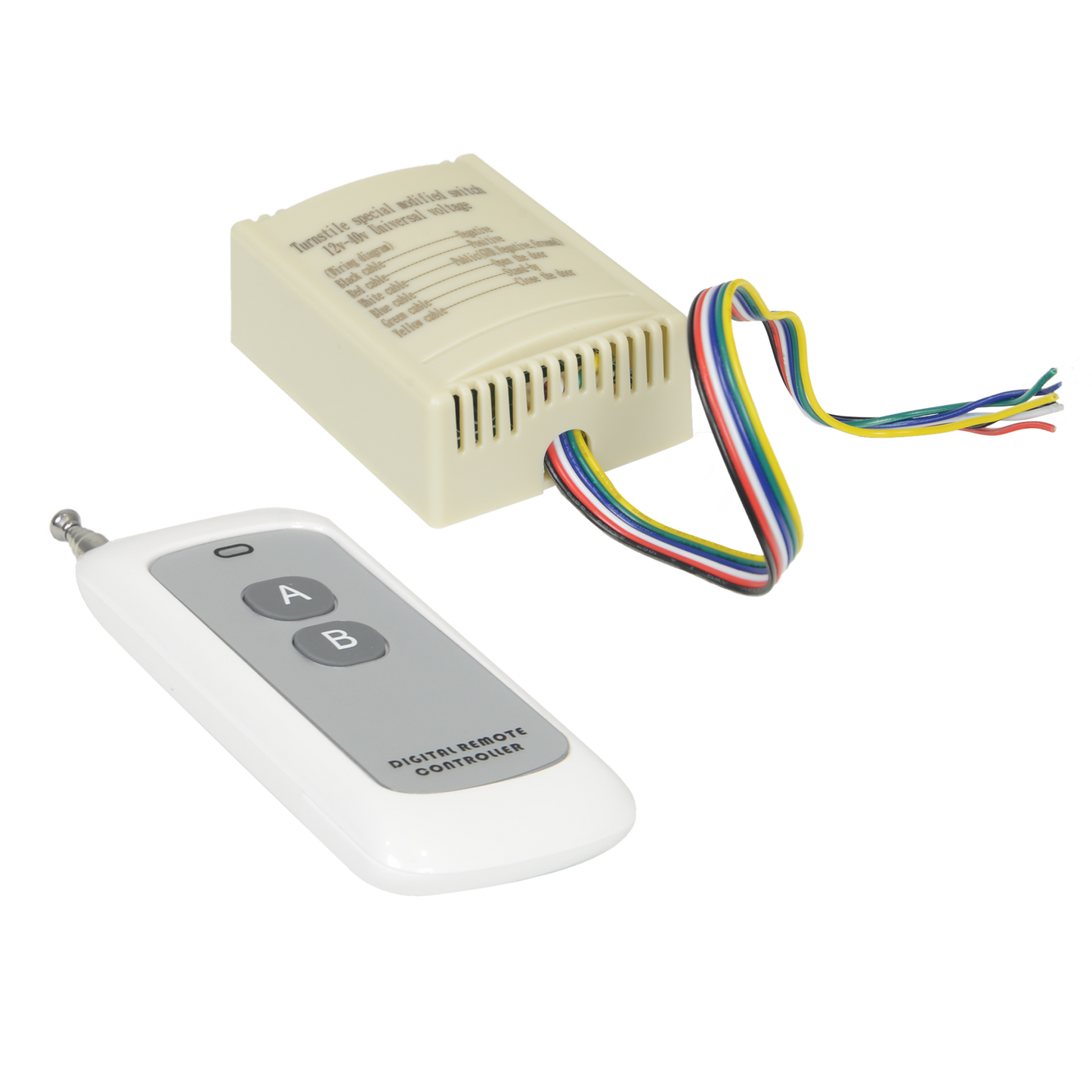 Relè wireless con telecomando per tornelli - 2 relè | Funzionamento NO / COM - Frequenza 433 MHz - Misure 55 x 75 x 25 mm - Cavo incluso - facile installazione