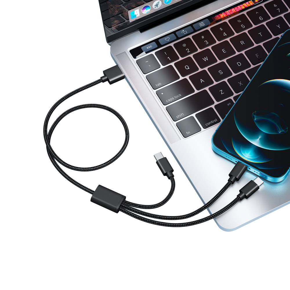 Veger -  Cavo USB 3 in 1 - Guaina metallica intrecciata in nylon - Lunghezza 1.5m