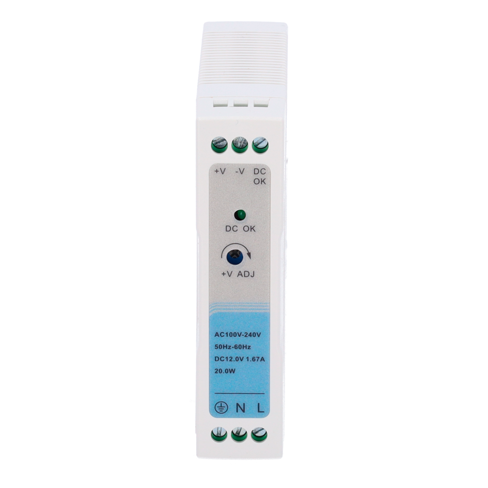 Power supply - DC 12 V 1.67 A / 20 W output - Input voltage 100-240VAC 50/60Hz - 23 x 100 x 92 mm - DIN rail mounting - Protection: Overload/Overvoltage/Short circuit