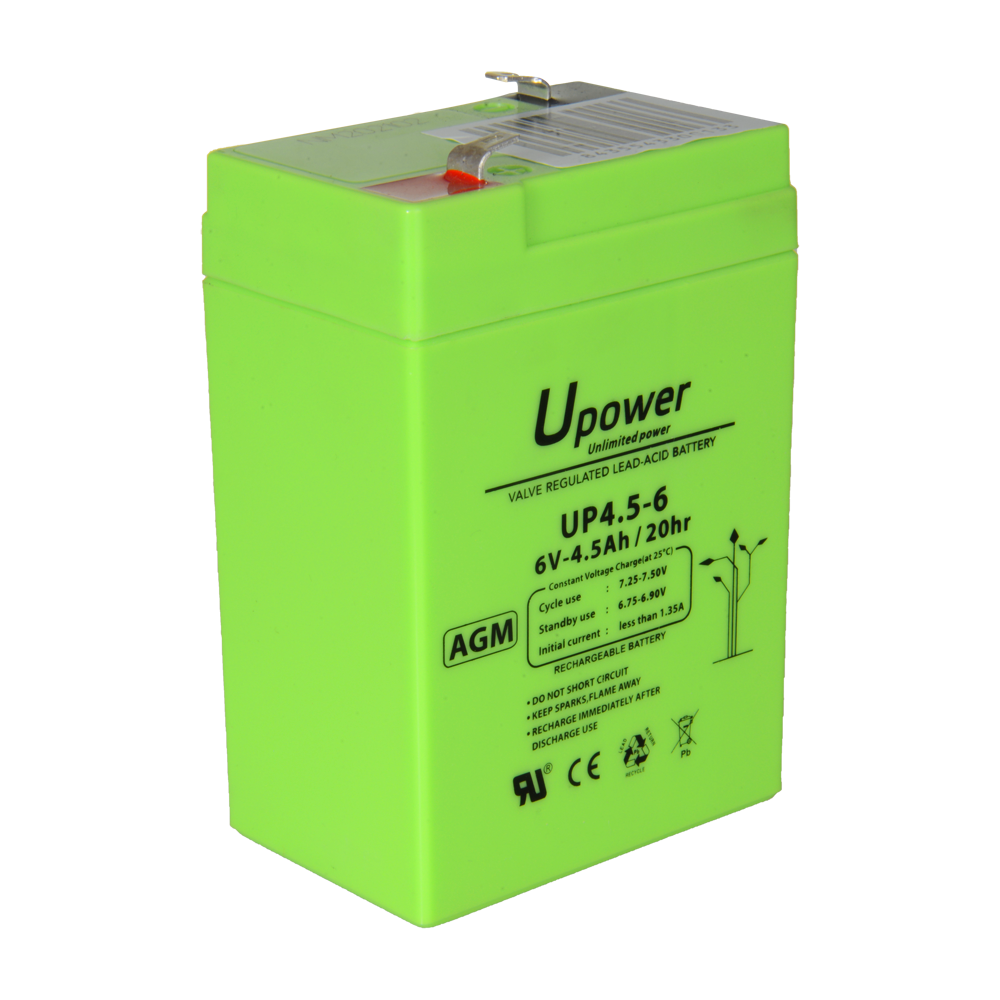 Upower - Batteria ricaricabile - Tecnologia piombo-acido AGM - Voltaggio 6 V - Capacità 4.5 Ah - 106 x 70x x 47/ 810g - Per backup o uso diretto