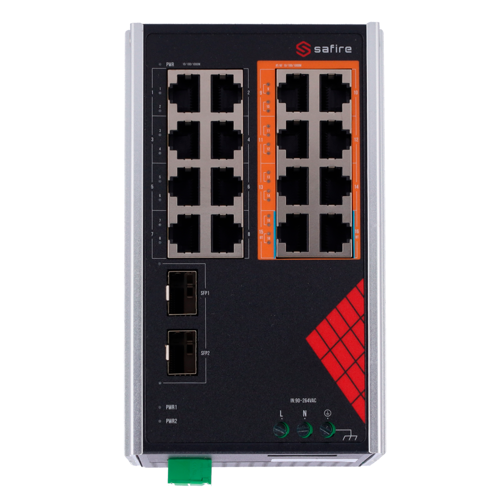 Safire Switch Industrial Alimentación AC 90~264V - 16 puertos Gigabit + 2 SFP Gigabit - 6 Puertos PoE+ 30W + 2 Puertos Hi-PoE 60W - PoE Watchdog - Hasta 130W Potencia PoE total - Instalación carril DIN