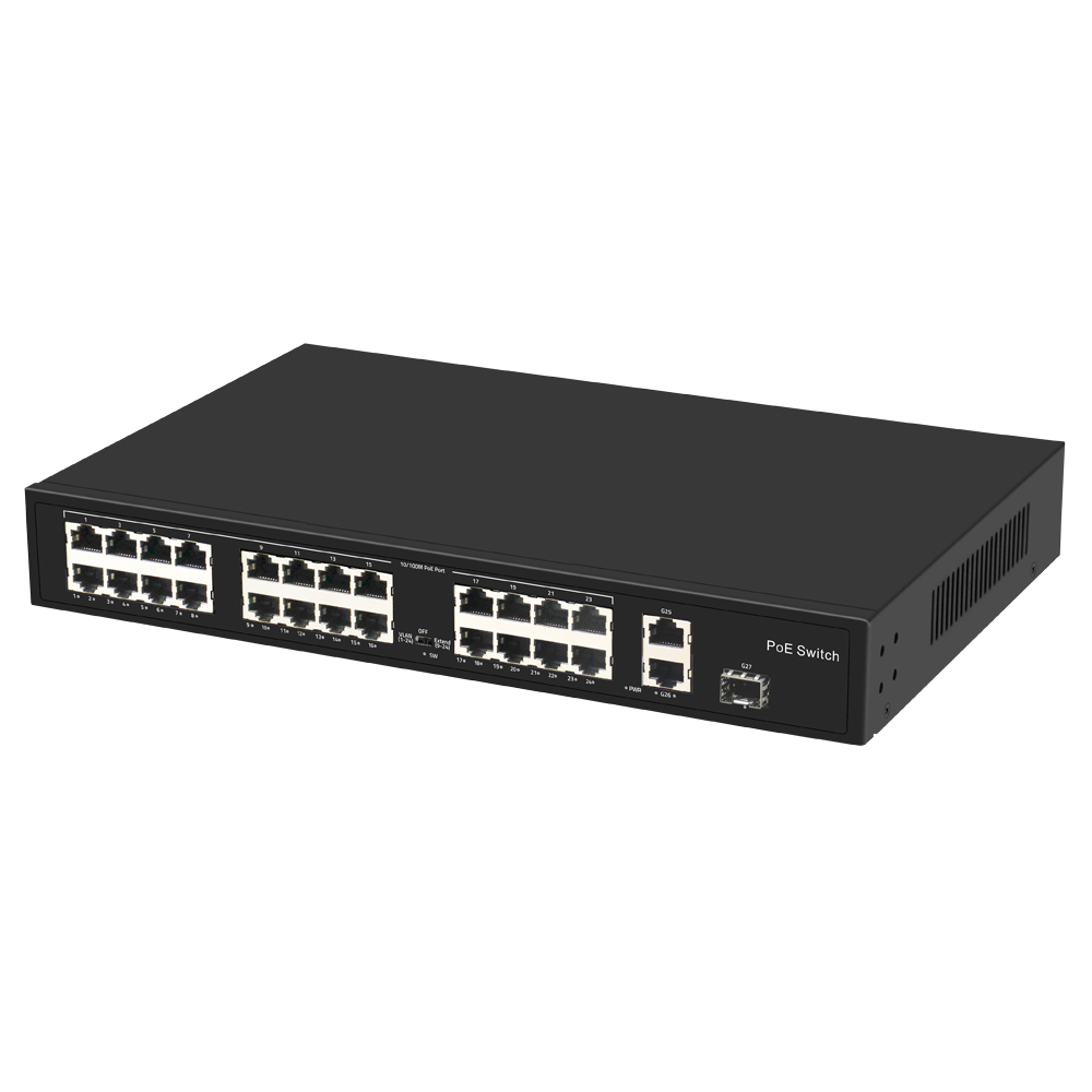 Switch PoE - 24 porte PoE + 2 Gigabit Port + 1 SFP Gigabit - Velocità 10/100 Mbps - Fino a 300 W in totale - Portata fino a 250m (Porte 9-24) - Norma IEEE802.3at (PoE) / af (PoE+)