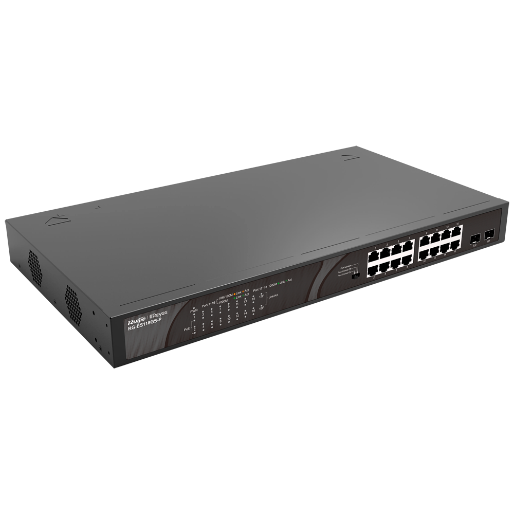 Reyee Switch PoE Sobremesa - 16 Puertos RJ45 + 2 Uplink SFP - 16 Puertos Gigabit + 2 Puertos Gigabit - 16 Puertos PoE+ 802.3af/at | Potencia total 247W - Aislado de Puertos / Flow Control - Plug and Play