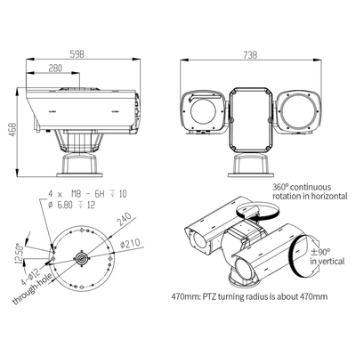 InfiRay cámara térmica PT6 series PTZ biespectro - Sensor térmico 1280x1024 VOx sin refrigerar 12μm - Sensibilidad térmica ≤40mK (@25°C,F#1.0,25Hz) - Sensor visible 1/1.8" 4Mpx CMOS - Lente térmica 30~150mm (zoom 5X) - Lente visible 6~300mm (zoom 50X