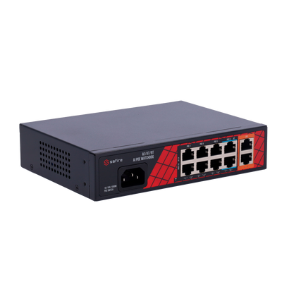 Switch Safire Hi-PoE - 8 Puertos PoE + 2 Uplinks RJ45 - Híbrido 8x10/100Mbps + 2x10/100/1000Mbps - 6 Puertos PoE+ 30W + 2 Puertos Hi-PoE 60W - Watchdog PoE - Hasta 120W de Potencia PoE total