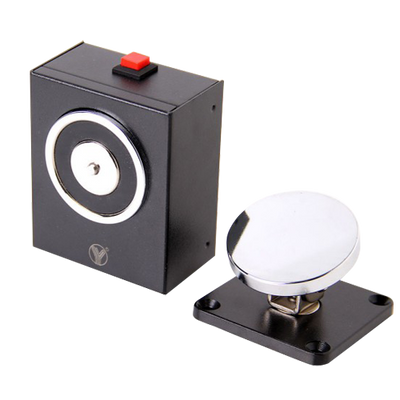 Retenedor electromagnético - Para puerta simple - Fuerza de retención 50 Kg - Pulsador de accionamiento manual - Alimentación 24V DC - Montaje en pared o soporte