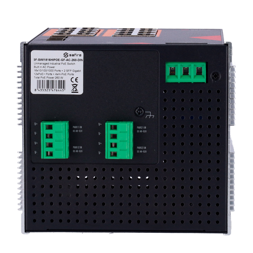 Safire Switch Industrial Alimentación AC 90~264V - 16 puertos Gigabit + 2 SFP Gigabit - 12 Puertos PoE+ 30W + 4 Puertos Hi-PoE 60W - PoE Watchdog - Hasta 260W Potencia PoE total - Instalación carril DIN
