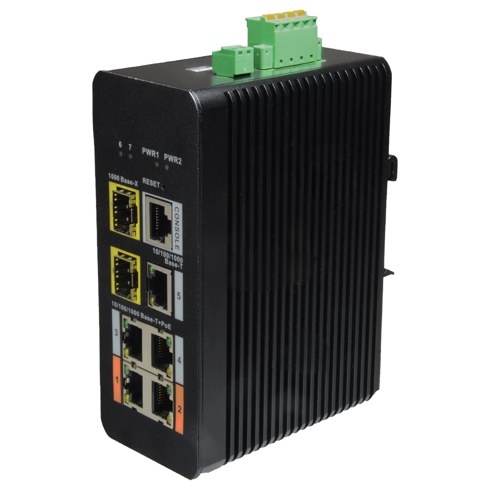 Switch PoE X-Security su Guida DIN - 5 porte PoE RJ45 + 2 porte SFP di fibra - Velocità 10/100/1000 Mbps - 90W porta 1-2 / 30W porta 3-5 / Massimo 120W - Hi-PoE / IEEE802.3at PoE+ / af PoE / IEEE802.3bt - VLAN/STP/RSTP/MSTP/LACP/StaticLAG/QoS/LoopDetect