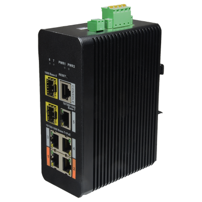 Switch PoE X-Security su Guida DIN - 5 porte PoE RJ45 + 2 porte SFP di fibra - Velocità 10/100/1000 Mbps - 90W porta 1-2 / 30W porta 3-5 / Massimo 120W - Hi-PoE / IEEE802.3at PoE+ / af PoE / IEEE802.3bt - VLAN/STP/RSTP/MSTP/LACP/StaticLAG/QoS/LoopDetect
