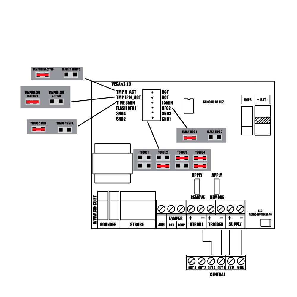 Sirena per esterni cablata - Certificato di grado 3 - Pressione sonora massima 109 dBA - Flash di 1 segnalizzazione barra LED - Luce rossa e frontale personalizzabile - Batteria di backup inclusa