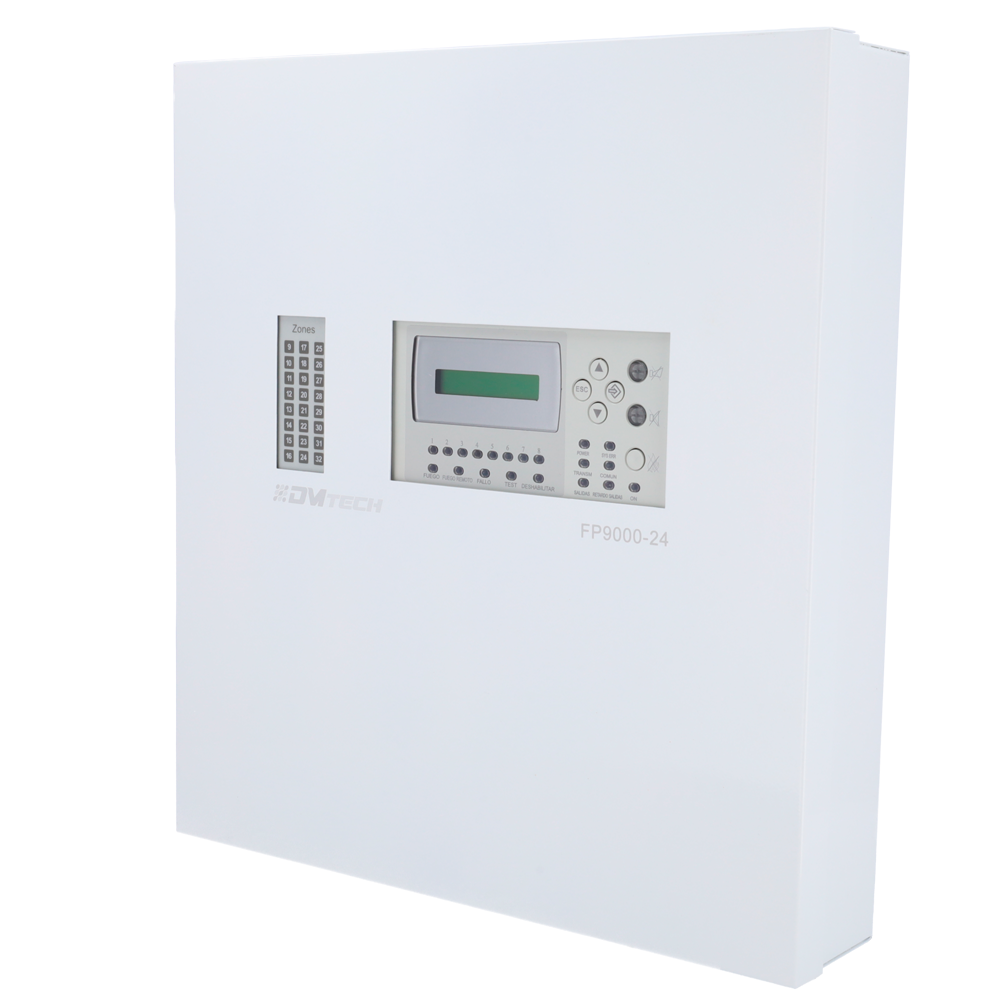 Centrale convenzionale di 24 zone con schermo LCD - 2 Uscita sirena - 2 uscite di allarme e guasto e 10 uscite relé configurabili - Uscita ripetitore - Fino a 30 rilevatori per zona - Rilevamento automatico della resistenza di fine linea