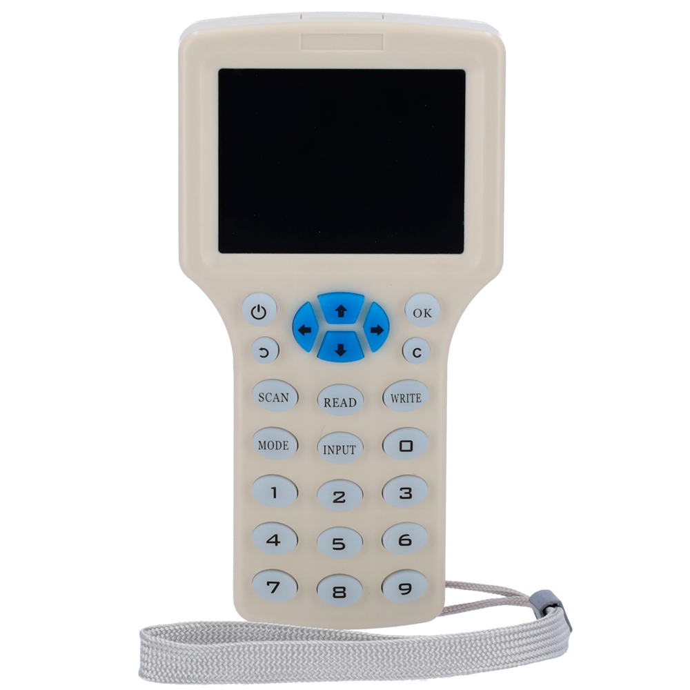 RFID card reader-writer - 3" TFT and wired panel - Identification and cloning of cards - EM 125 kHz and MF 13.56 MHz - Powered by 4 AAA or microUSB batteries - Plug & Play