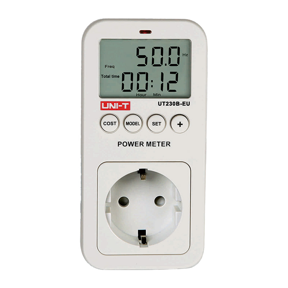 Electric consumption meter - Allows you to know all the electric values - Calculate energy costs - Integrated CO2 meter - Data storage - Schuko socket