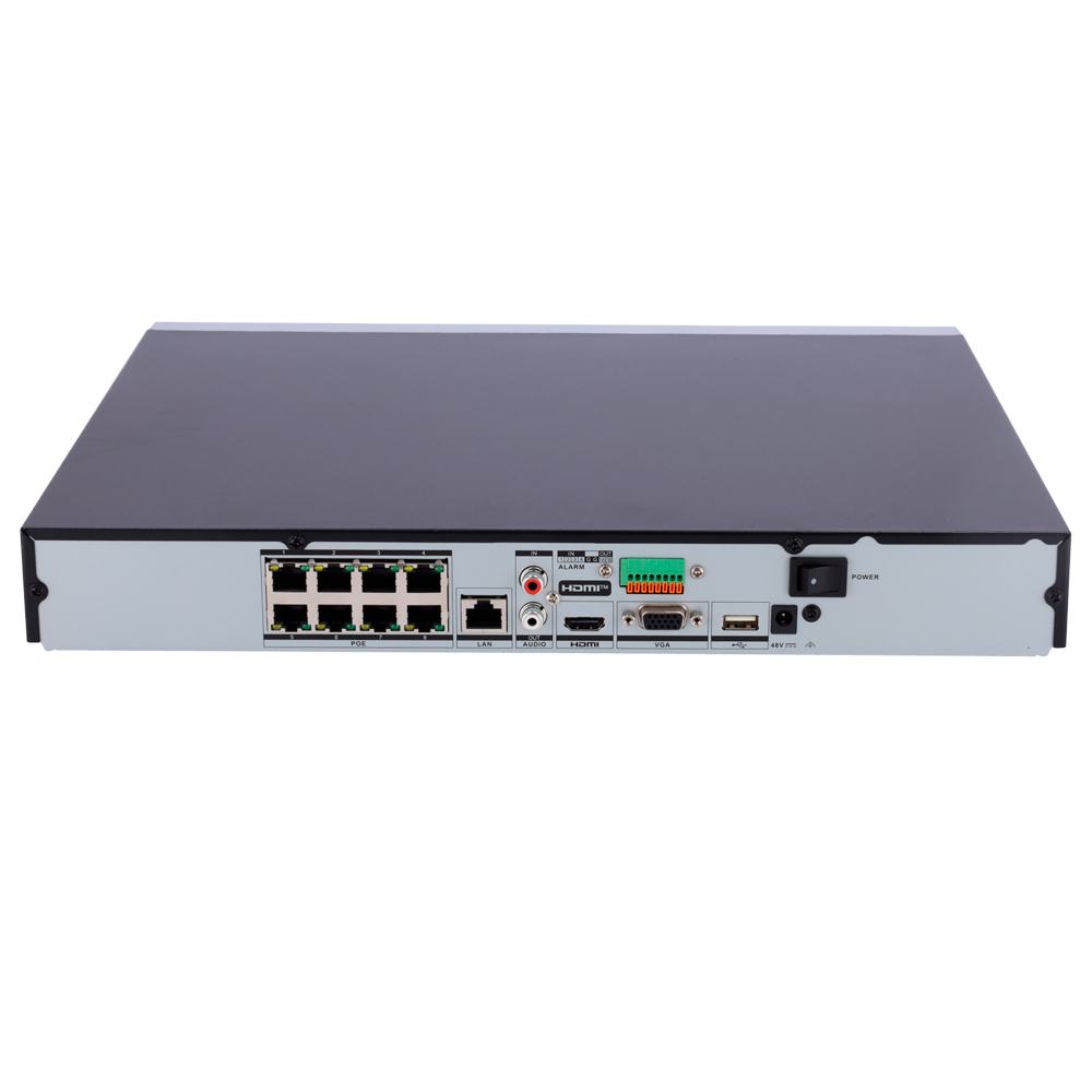 NVR para cámaras IP - Vídeo de 8 CH / Compresión H.265+ - Resolución máxima 8.0 Mp - Ancho de banda 80 Mbps - Salida HDMI 4K y VGA - Permite 2 discos duros