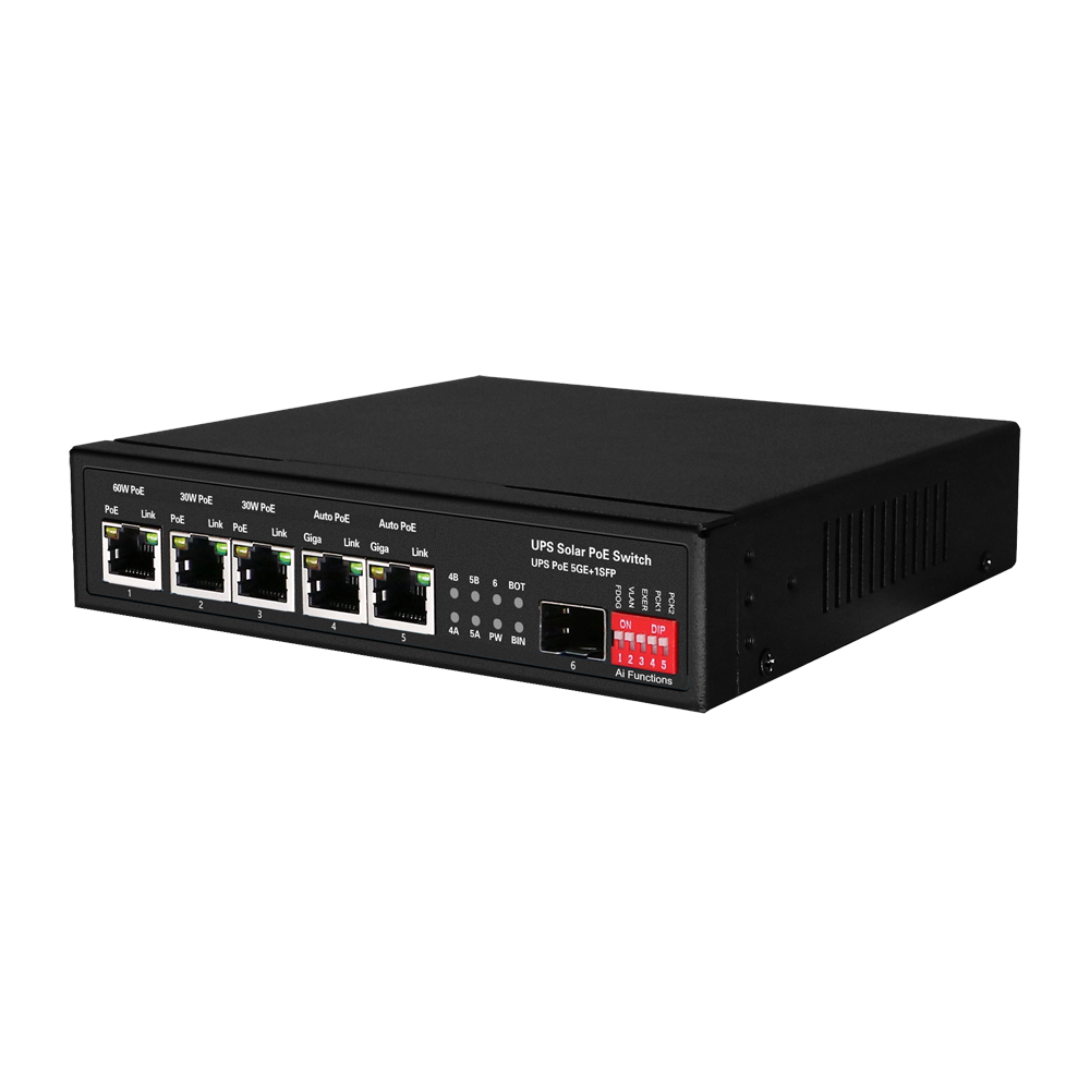 Switch PoE - 5 puertos PoE + 1 SFP - Velocidad de puertos 10/100/1000 Mbps - 1xHi-PoE (60W) + 2xPoE+ (30W) + 2x24/48V (25W) - Hasta 65W de Potencia PoE total - Soporta baterías de 12V/24V y paneles de 400W