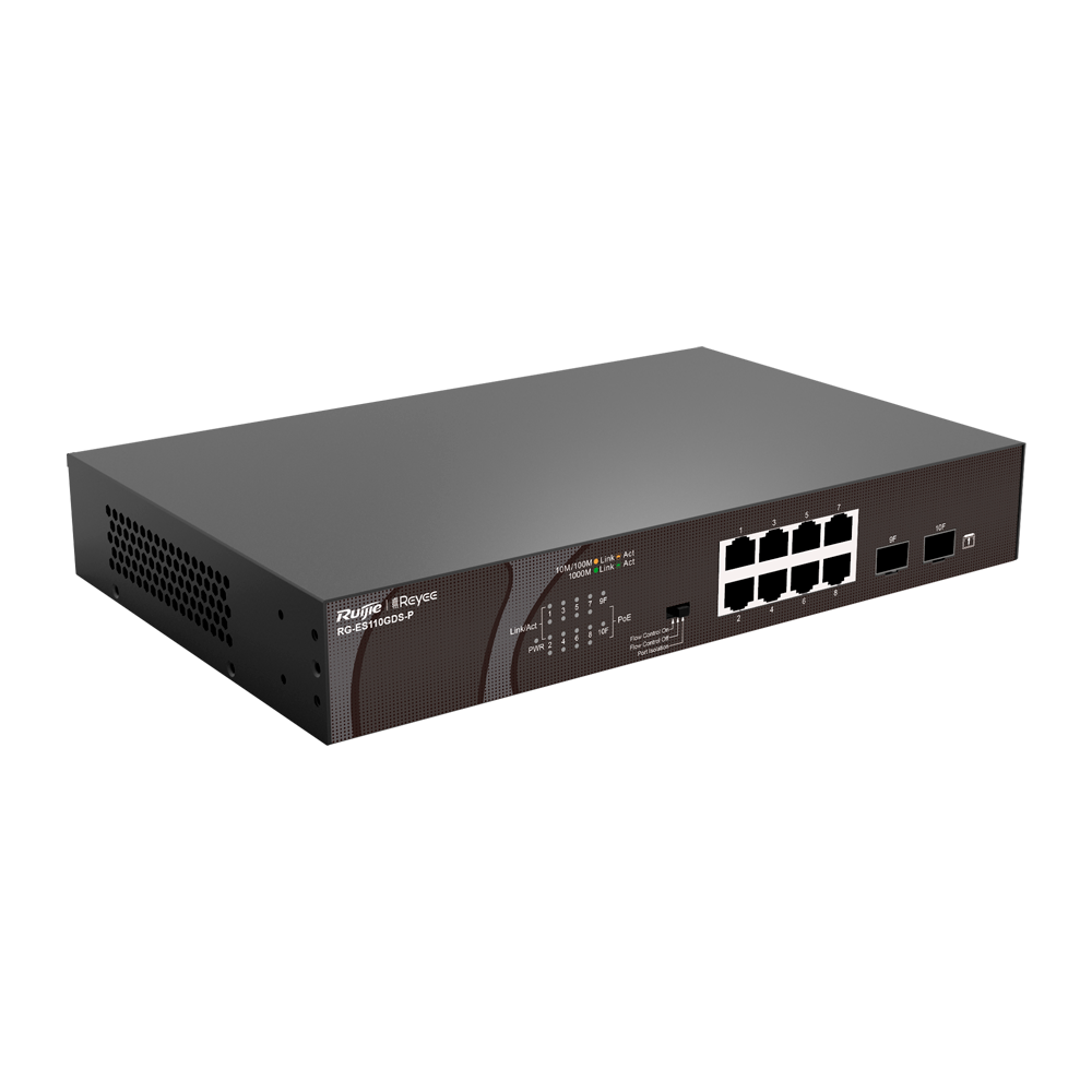 Reyee Switch PoE Sobremesa - 8 Puertos RJ45 + 2 Uplink SFP - 8 Puertos Gigabit + 2 Puertos Gigabit - 8 Puertos PoE+ 802.3af/at | Potencia total 120W - Aislado de Puertos / Flow Control - Plug and Play