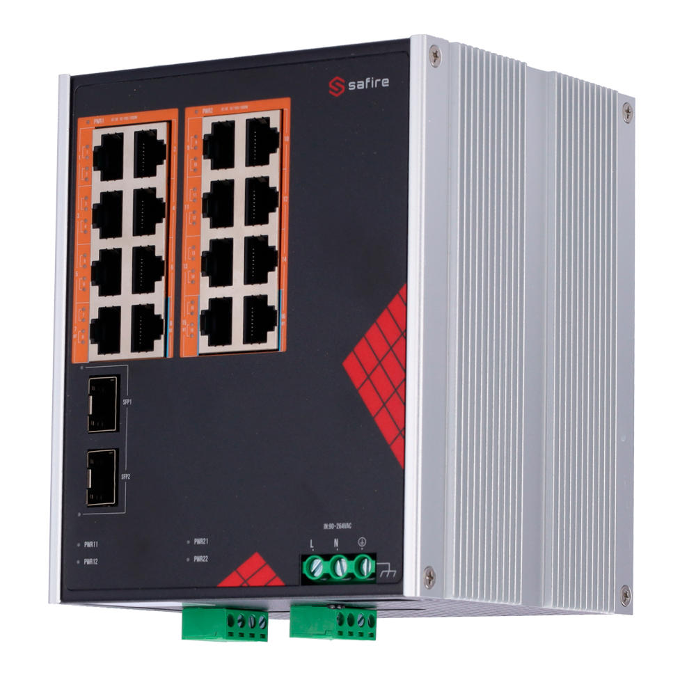 Safire Switch Industrial Alimentación AC 90~264V - 16 puertos Gigabit + 2 SFP Gigabit - 12 Puertos PoE+ 30W + 4 Puertos Hi-PoE 60W - PoE Watchdog - Hasta 260W Potencia PoE total - Instalación carril DIN