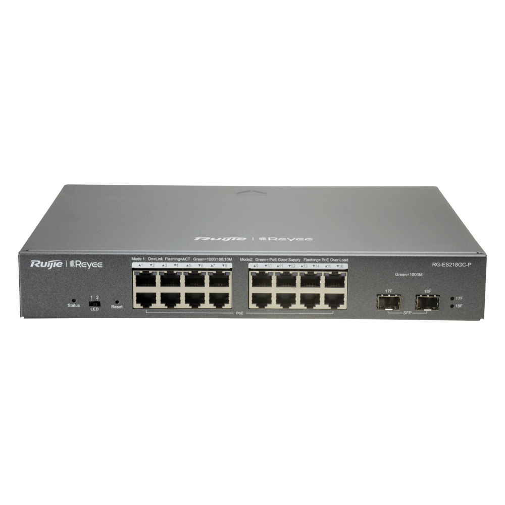 Reyee Switch PoE Cloud Gestibile L2 - 16 porte PoE 802.3af/at + 2 SFP - 16 RJ45 10/100/1000Mbps + 2 SFP 10/100/1000Mbps - 30W per porta 802.3af/at / Massimo 240W - VLAN/Port Isolation/Loop Detection - Limite di Velocità della Porta