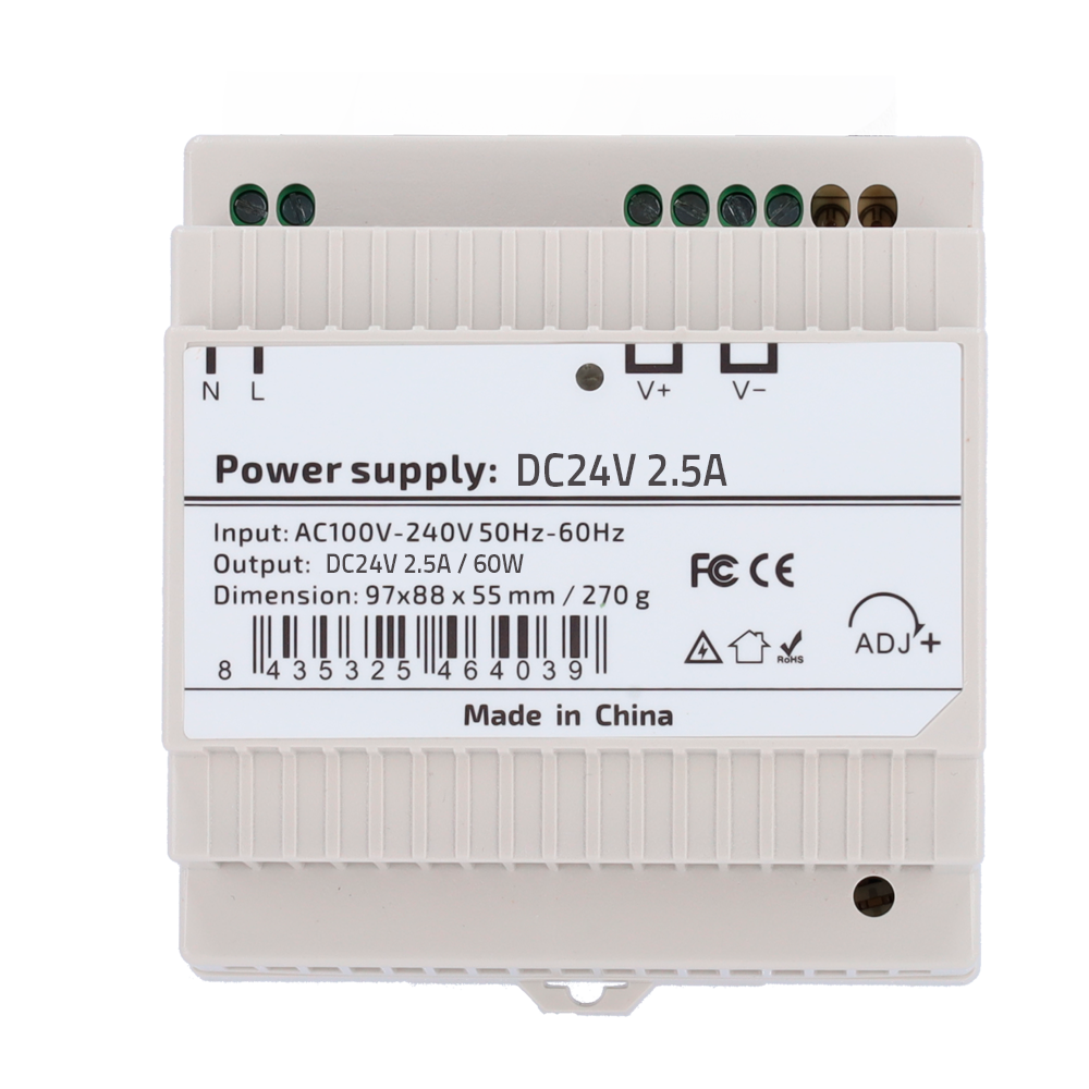 Fuente de alimentación - Salida DC 24 V 2.5 A / 60 W - Voltaje entrada AC 100V ~ 240V 50Hz-60Hz - 97 (Fo) x 55 (Al) x 88 (An) mm - Montaje en carril DIN - Protección: Sobrecarga/Sobrevoltaje/Cortocircuito