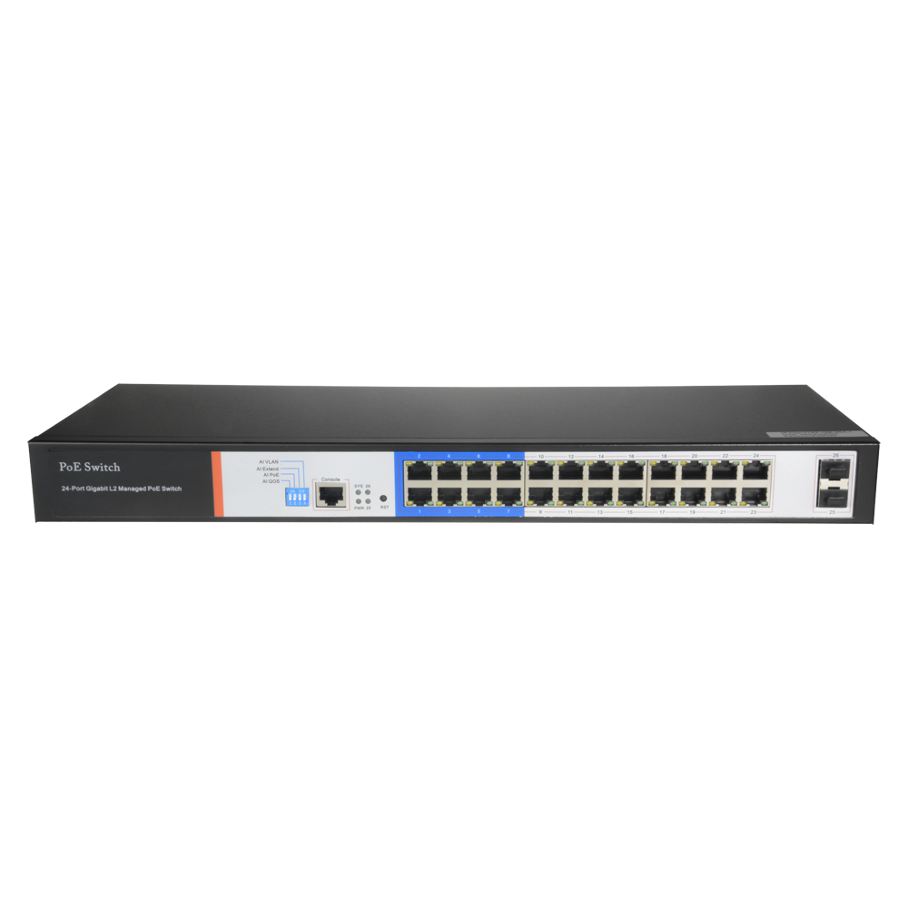 Switch PoE - 24 porte PoE + 2 Gigabit SFP - Velocità 10/100/1000 Mbps - 46 W per porta 802.3af/at / Massimo 250W - VLAN/STP/RSTP/MSTP/ACL/QoS/802.1X - LACP/Static LAG/DHCP Snooping/IGMP Snooping