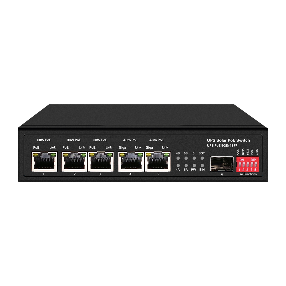 Switch PoE - 5 puertos PoE + 1 SFP - Velocidad de puertos 10/100/1000 Mbps - 1xHi-PoE (60W) + 2xPoE+ (30W) + 2x24/48V (25W) - Hasta 65W de Potencia PoE total - Soporta baterías de 12V/24V y paneles de 400W