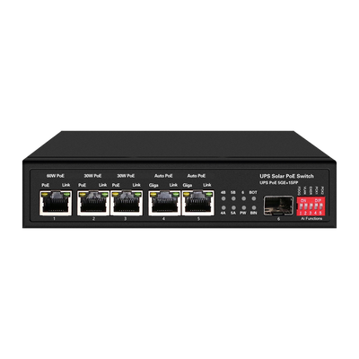 Switch PoE - 5 puertos PoE + 1 SFP - Velocidad de puertos 10/100/1000 Mbps - 1xHi-PoE (60W) + 2xPoE+ (30W) + 2x24/48V (25W) - Hasta 65W de Potencia PoE total - Soporta baterías de 12V/24V y paneles de 400W