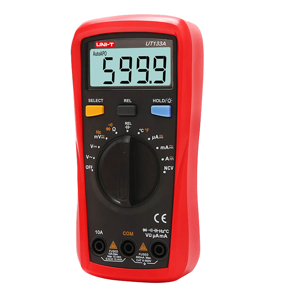 Multímetro digital portátil - Medición de tensión CC y CA hasta 600V - Medición de intensidad CC y CA hasta 10A - Medición de resistencia, frecuencia de capacitancia - Medición de frecuencia y temperatura - Rango automático | Función