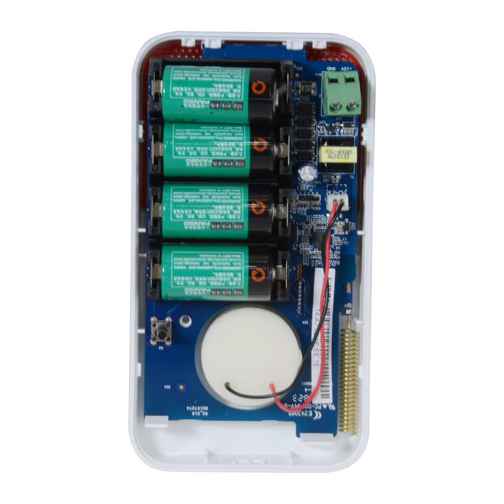 Sirena wireless Branded - Dispositivo a radiofrequenza 433MHz/886MHz - Intensità sonora 85dBa 1m - Distanza 150m - Spia luminosa rossa di avviso - 12VDC / 4xCR123 3V