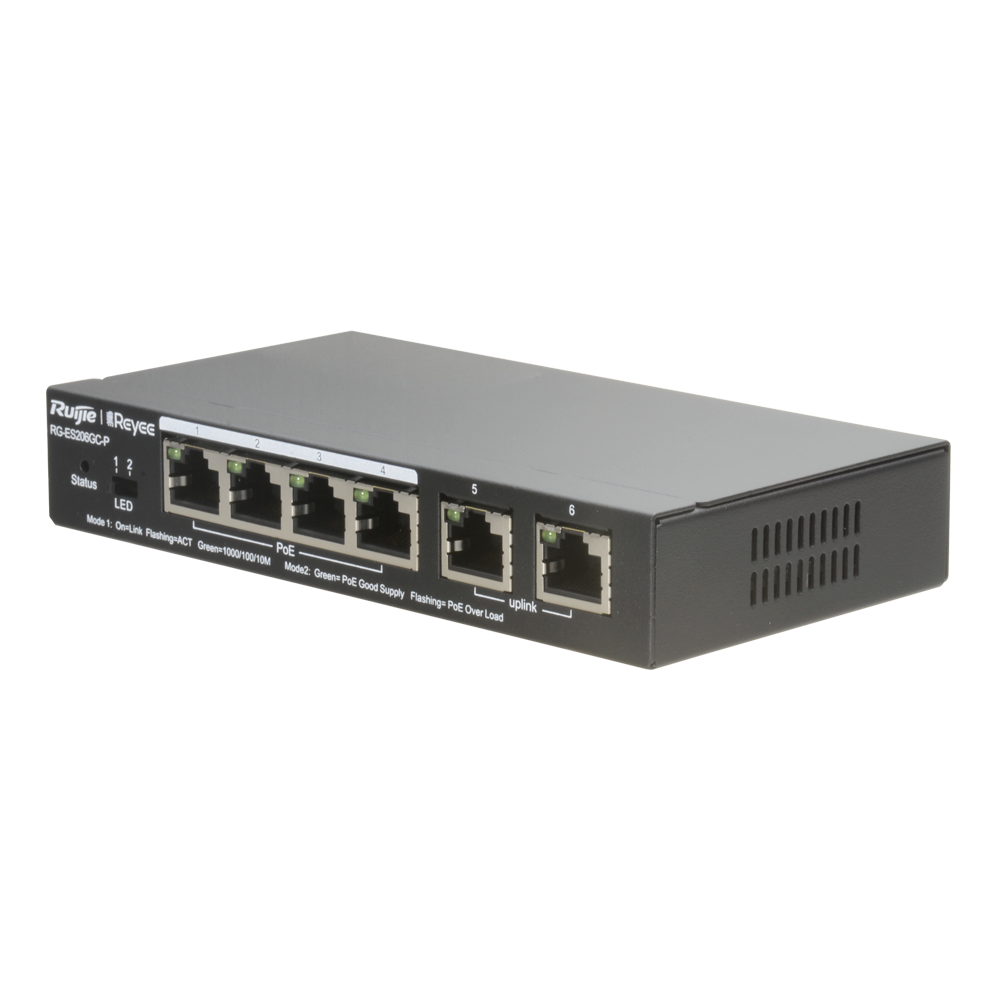 Reyee Switch PoE Cloud Layer  2 - 4 Porte PoE Gigabit + 2 Uplink Gigabit Rj45 - Velocità della porta 10/100/1000 Mbps - 30W per porta 802.3af/at / Massimo 54W - VLAN/Port Isolation/Loop Detection - Limite di Velocità della Porta