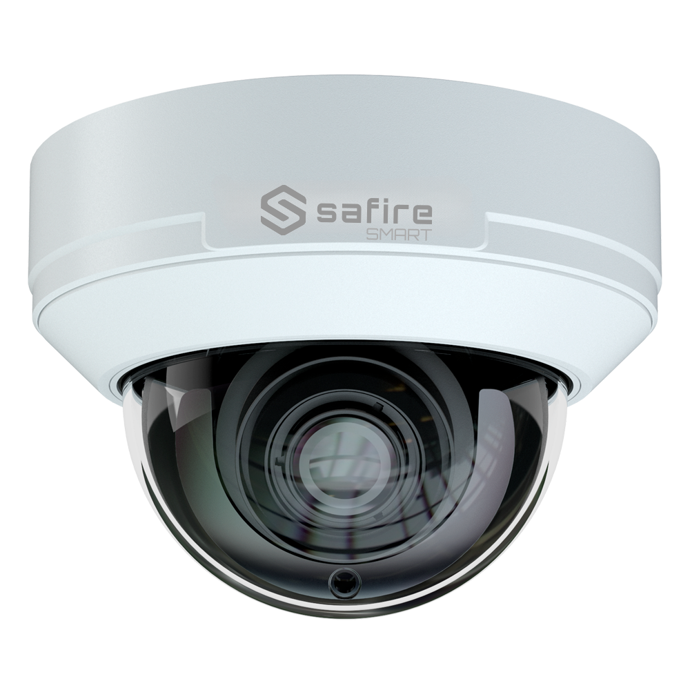 Safire Smart - Cámara Domo IP con Inteligencia Artificial gama E1 - Resolución 4 Megapíxeles (2566x1440) - Lente motorizada 2.8~12mm | Micrófono | IR 50m - IA: Clasificación de personas y vehículos - Estanqueidad IP67 e IK10 | PoE (IEEE802.3af)