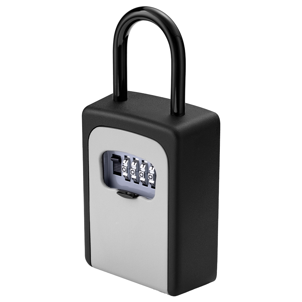 Caja de seguridad con gancho para llaves - Apertura con código de 4 dígitos - Instalación en pared o enganchado - Medidas: 200 x 90 x 40 mm - Fabricado en aleación de zinc y acero - Solución para vivienda vacía y alquiler