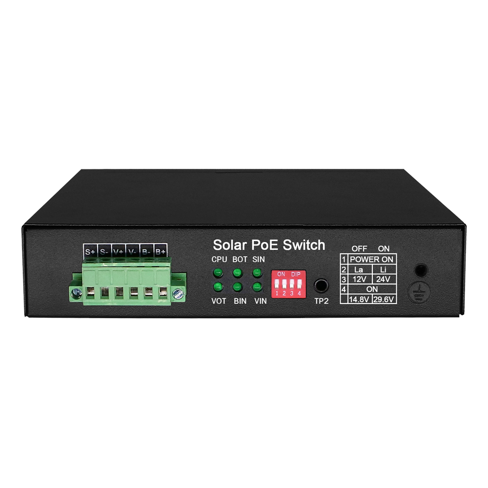 Switch PoE - 5 puertos PoE + 1 SFP - Velocidad de puertos 10/100/1000 Mbps - 1xHi-PoE (60W) + 2xPoE+ (30W) + 2x24/48V (25W) - Hasta 65W de Potencia PoE total - Soporta baterías de 12V/24V y paneles de 400W