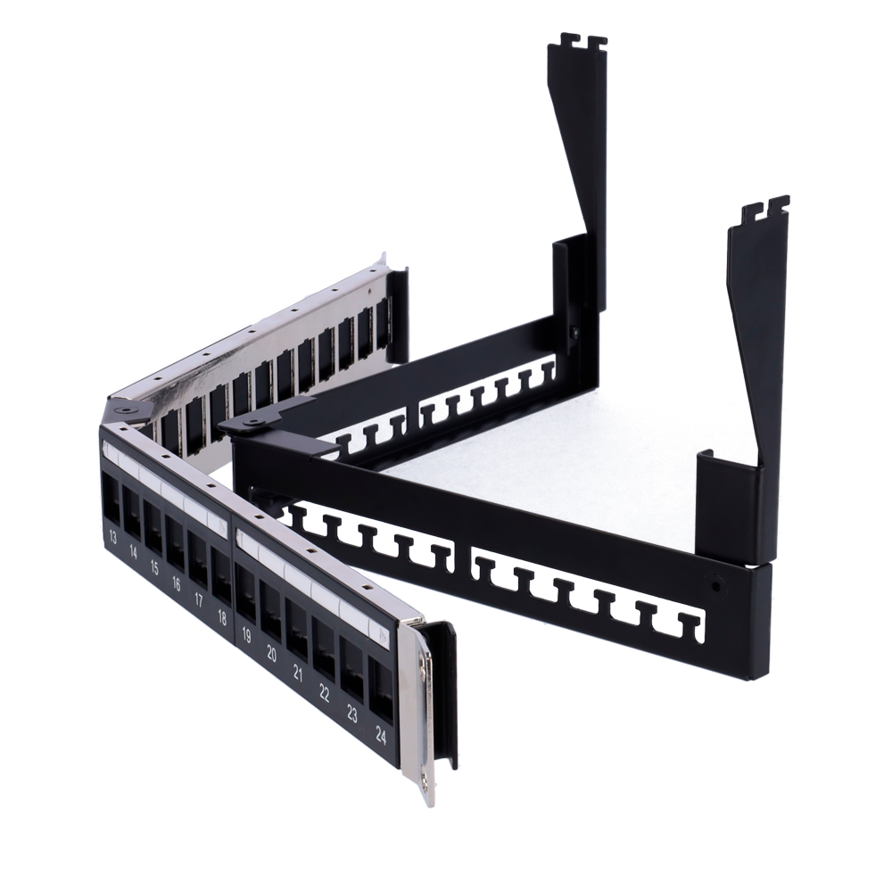 Patch panel de esquina vacío - 24 puertos FTP - Formato rack 1U - Sin electrónica - Incluye barra de fijación de cables - Con cable de tierra