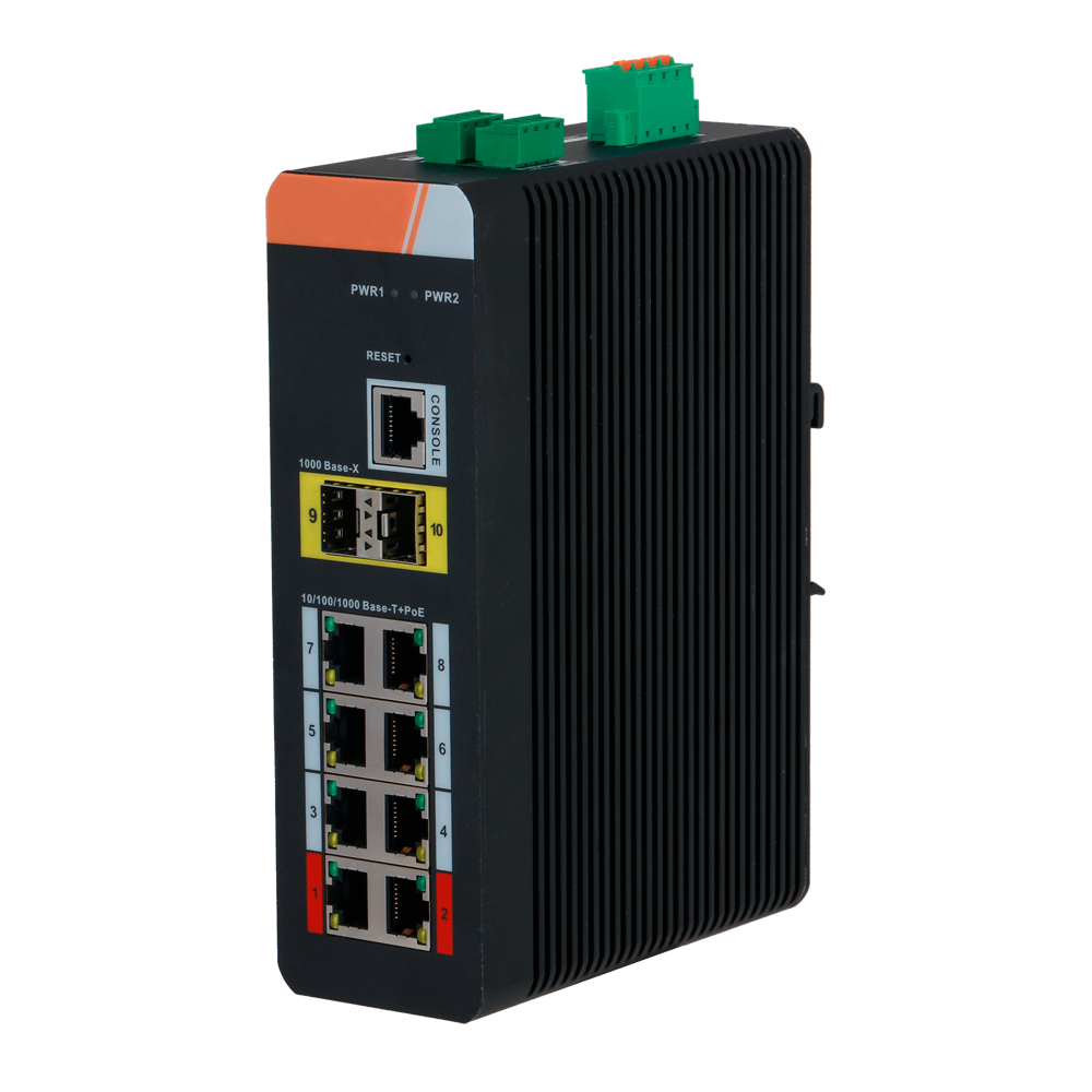 Switch PoE X-Security Carril DIN - 8 puertos PoE RJ45 + 2  puertos SFP - Velocidad 10/100/1000 Mbps - 90W puertos 1-2 / 30W puertos 3-8 / Máximo 120W - PoE/PoE+/Hi-PoE / Hasta 250m / PoE Watchdog - VLAN/STP/RSTP/ERPS/LACP/StaticLAG/IGMP Snooping