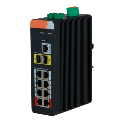 Switch PoE X-Security Carril DIN - 8 puertos PoE RJ45 + 2  puertos SFP - Velocidad 10/100/1000 Mbps - 90W puertos 1-2 / 30W puertos 3-8 / Máximo 120W - PoE/PoE+/Hi-PoE / Hasta 250m / PoE Watchdog - VLAN/STP/RSTP/ERPS/LACP/StaticLAG/IGMP Snooping